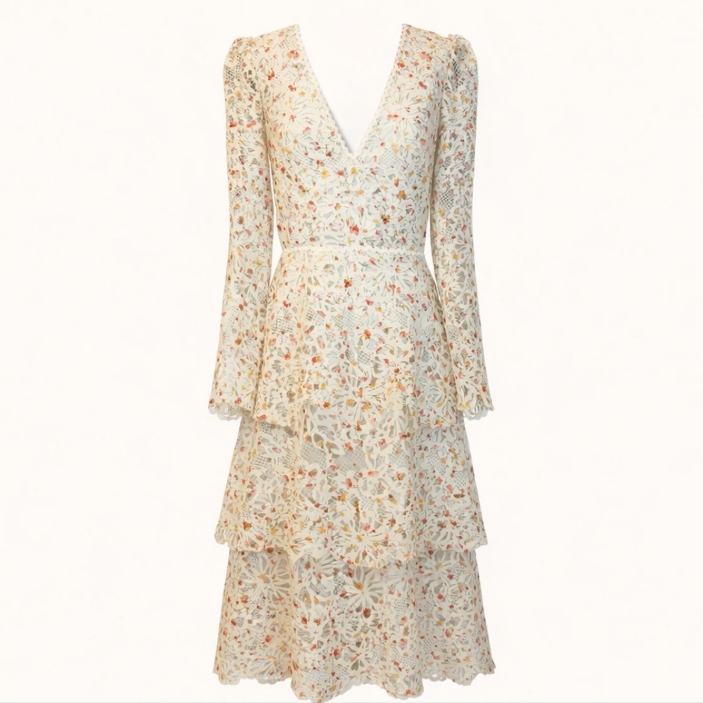 Monique Lhuillier White With Color Floral Tiered Midi Dress Summer Garden Events - Picture 7 of 17